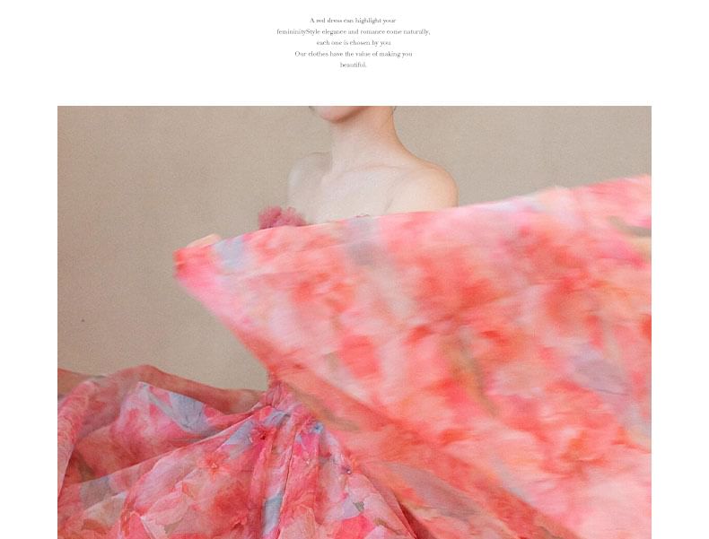 Strapless Floral Print Layered Trained A-Line Evening Gown
