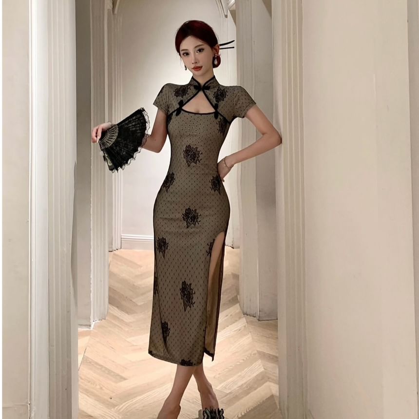 Short Sleeve Floral Print Midi Sheath Cheongsam Dress