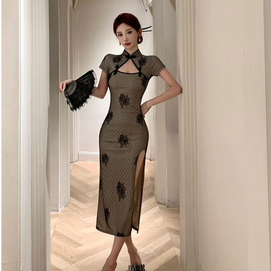 Short Sleeve Floral Print Midi Sheath Cheongsam Dress