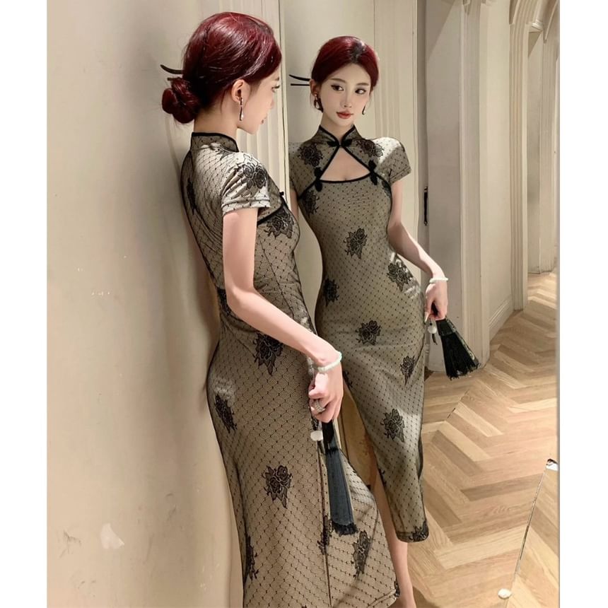 Short Sleeve Floral Print Midi Sheath Cheongsam Dress