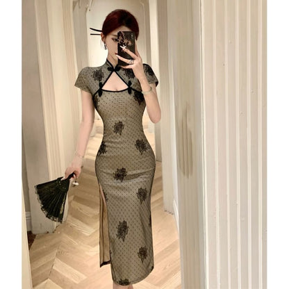 Short Sleeve Floral Print Midi Sheath Cheongsam Dress