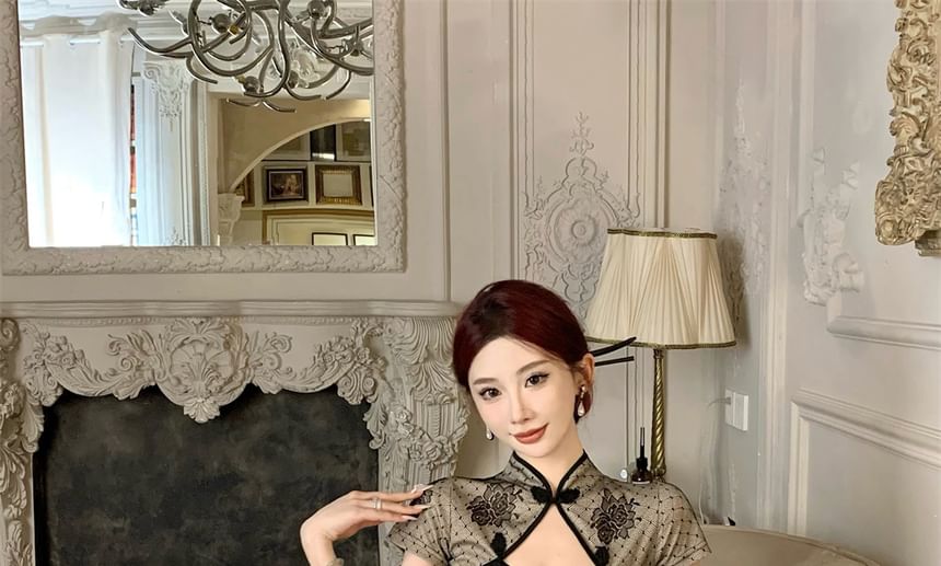Short Sleeve Floral Print Midi Sheath Cheongsam Dress