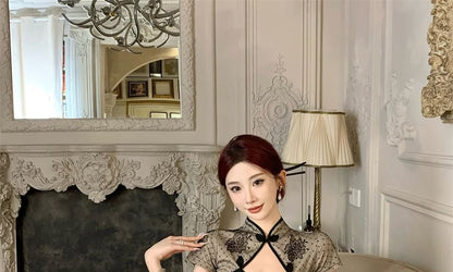 Short Sleeve Floral Print Midi Sheath Cheongsam Dress