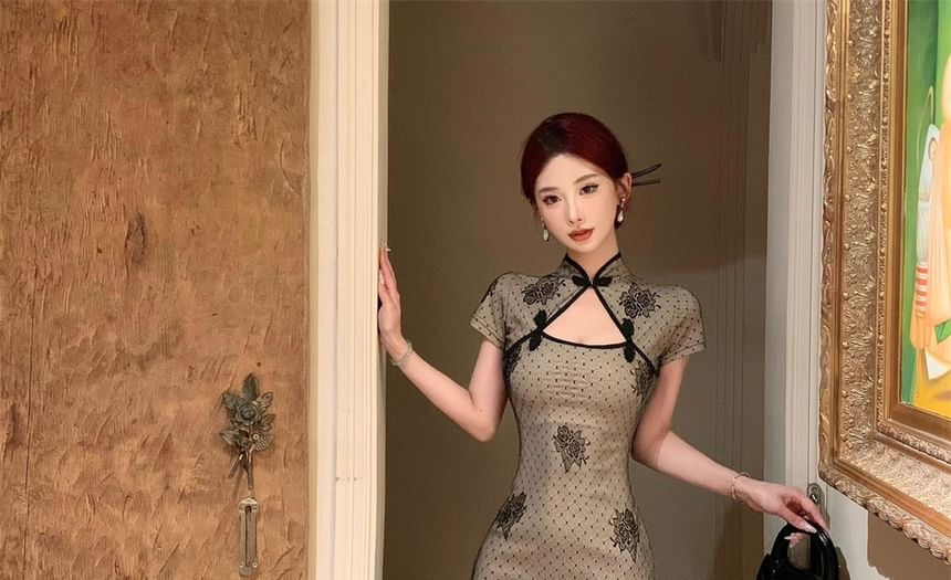 Short Sleeve Floral Print Midi Sheath Cheongsam Dress
