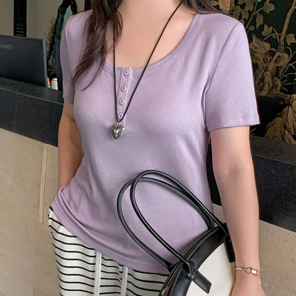 Plus Size Short-Sleeve Scoop Neck Henley Plain Slim Fit T-Shirt