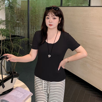 Plus Size Short-Sleeve Scoop Neck Henley Plain Slim Fit T-Shirt