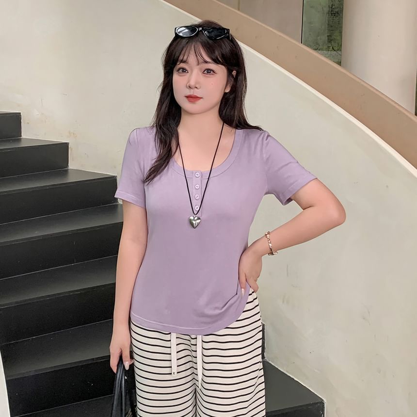 Plus Size Short-Sleeve Scoop Neck Henley Plain Slim Fit T-Shirt