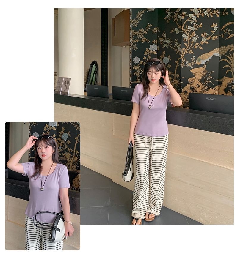 Plus Size Short-Sleeve Scoop Neck Henley Plain Slim Fit T-Shirt