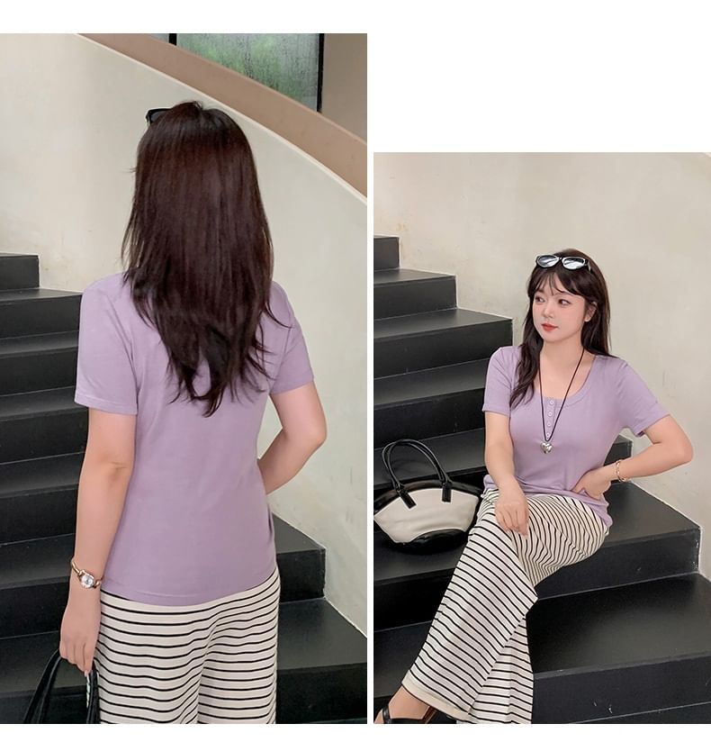 Plus Size Short-Sleeve Scoop Neck Henley Plain Slim Fit T-Shirt