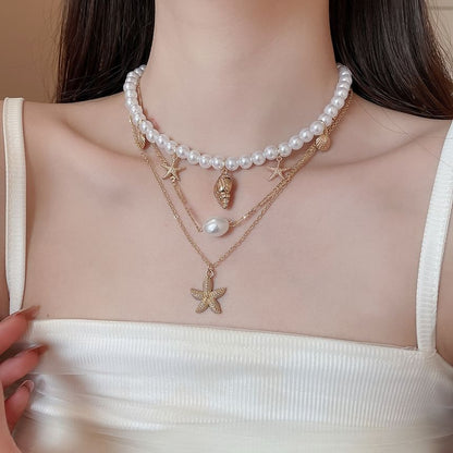 Set of 3: Starfish Pendant Alloy Necklace + Faux Pearl Alloy Choker + Faux Pearl Choker