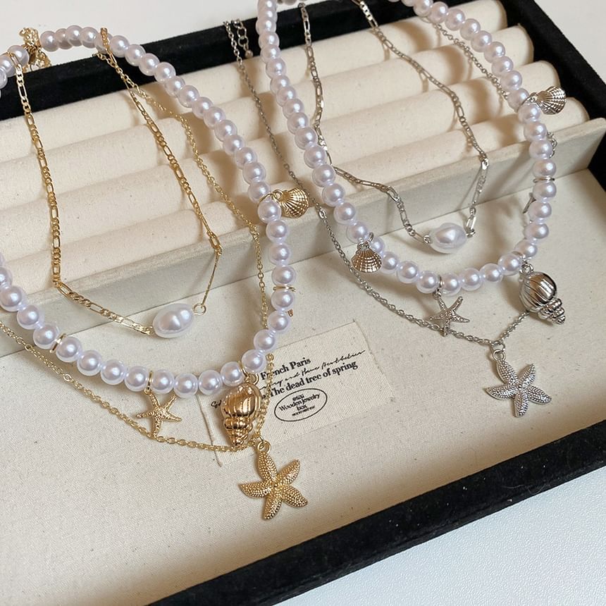 Set of 3: Starfish Pendant Alloy Necklace + Faux Pearl Alloy Choker + Faux Pearl Choker