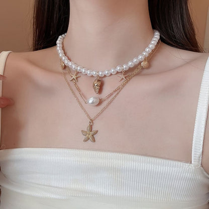 Set of 3: Starfish Pendant Alloy Necklace + Faux Pearl Alloy Choker + Faux Pearl Choker