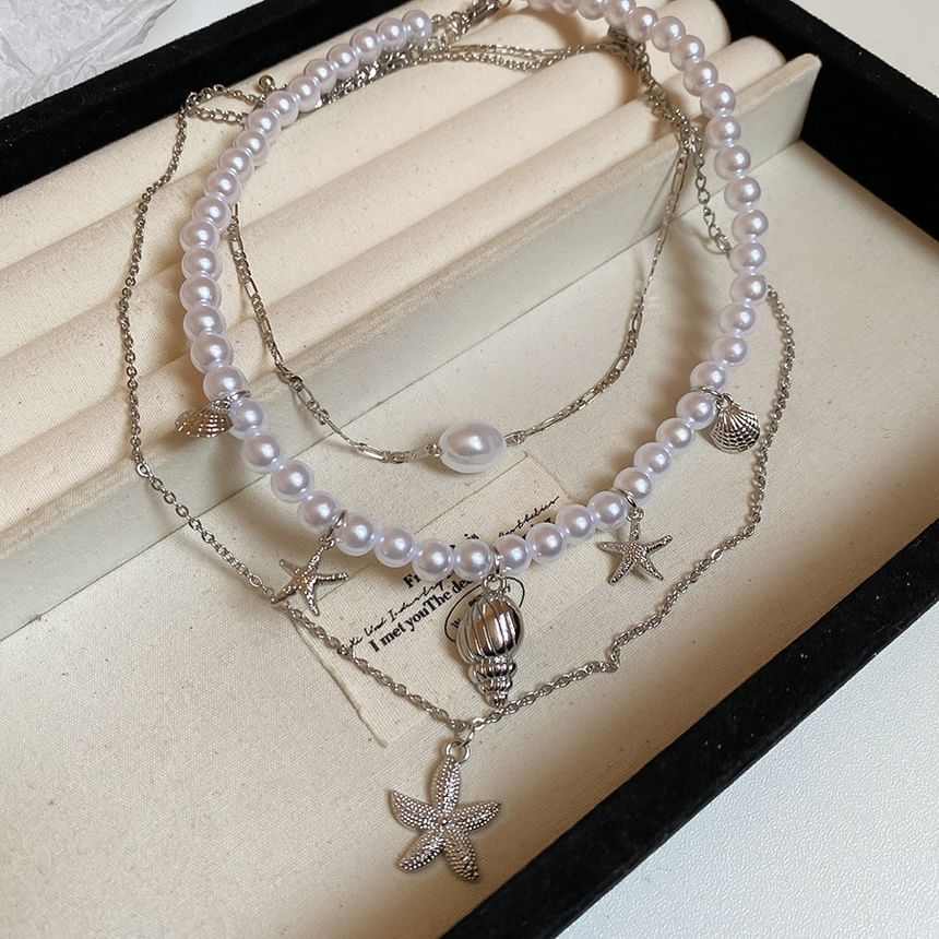 Set of 3: Starfish Pendant Alloy Necklace + Faux Pearl Alloy Choker + Faux Pearl Choker
