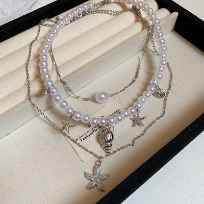 Set of 3: Starfish Pendant Alloy Necklace + Faux Pearl Alloy Choker + Faux Pearl Choker