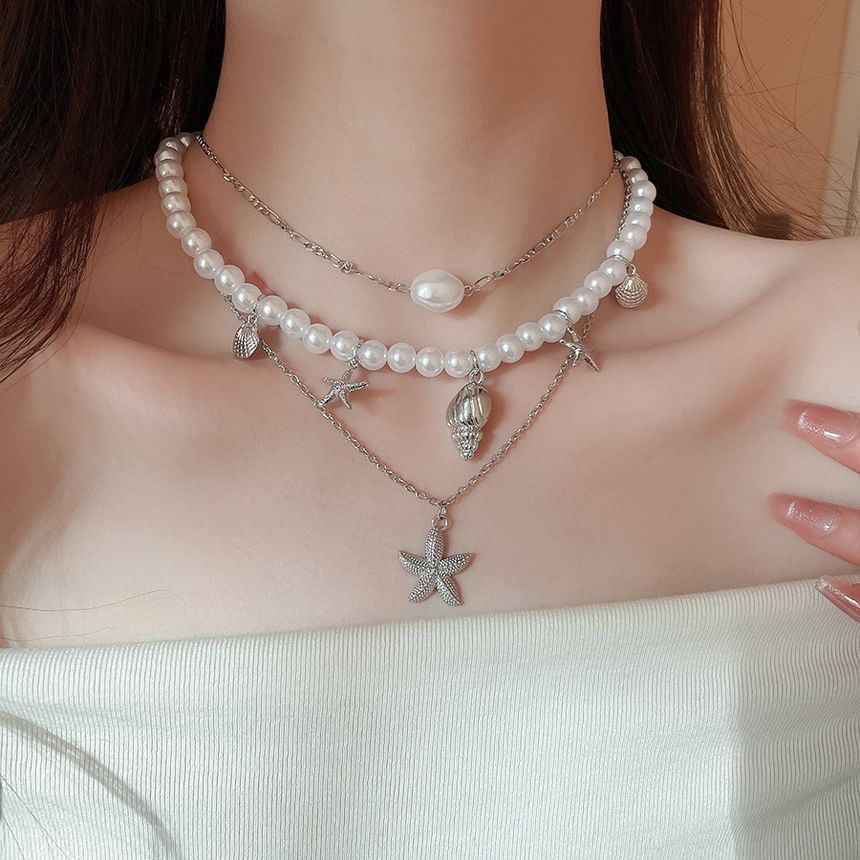 Set of 3: Starfish Pendant Alloy Necklace + Faux Pearl Alloy Choker + Faux Pearl Choker