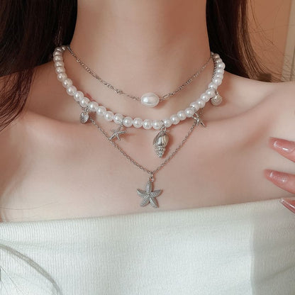 Set of 3: Starfish Pendant Alloy Necklace + Faux Pearl Alloy Choker + Faux Pearl Choker