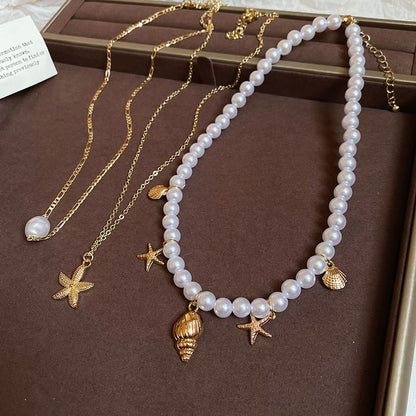 Set of 3: Starfish Pendant Alloy Necklace + Faux Pearl Alloy Choker + Faux Pearl Choker