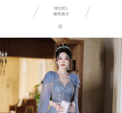 Panel A-Line Neck Crew Sleeveless Evening Gown Sheer Bow Accent Sequin