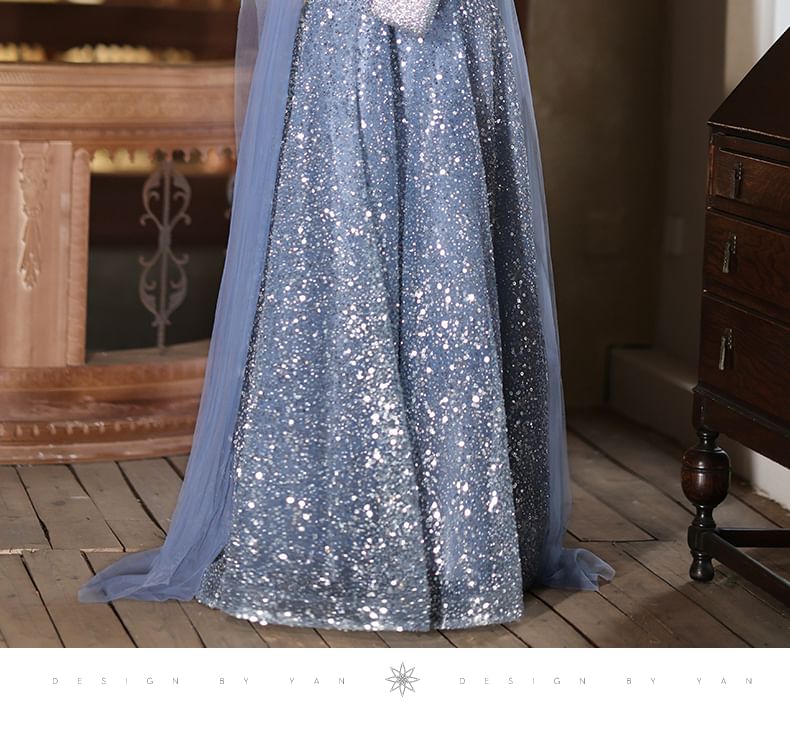 Panel A-Line Neck Crew Sleeveless Evening Gown Sheer Bow Accent Sequin