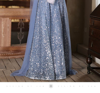 Sleeveless Crew Neck Sequin Sheer Panel Bow Accent A-Line Evening Gown