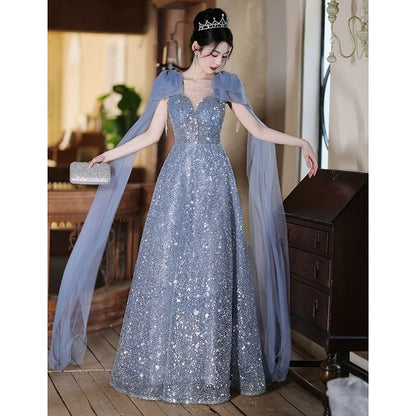 Panel A-Line Neck Crew Sleeveless Evening Gown Sheer Bow Accent Sequin