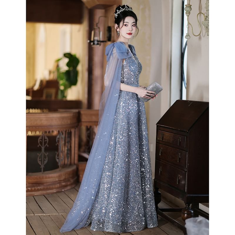 Panel A-Line Neck Crew Sleeveless Evening Gown Sheer Bow Accent Sequin