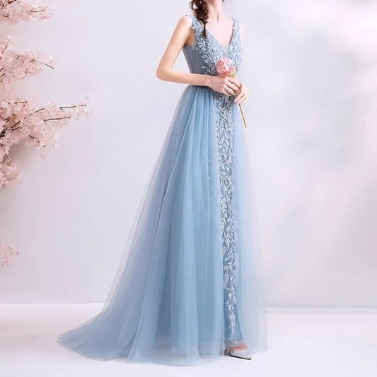 Sleeveless V-Neck Embroidered Trained A-Line Evening Dress