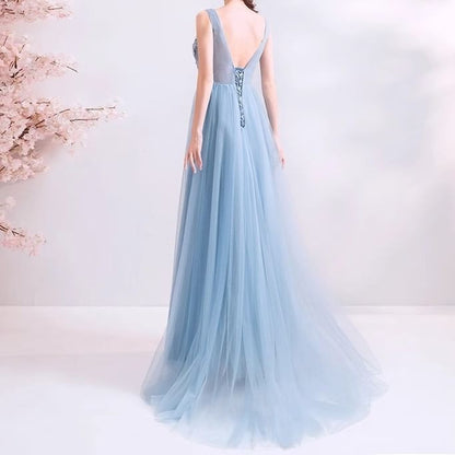 Sleeveless V-Neck Embroidered Trained A-Line Evening Dress