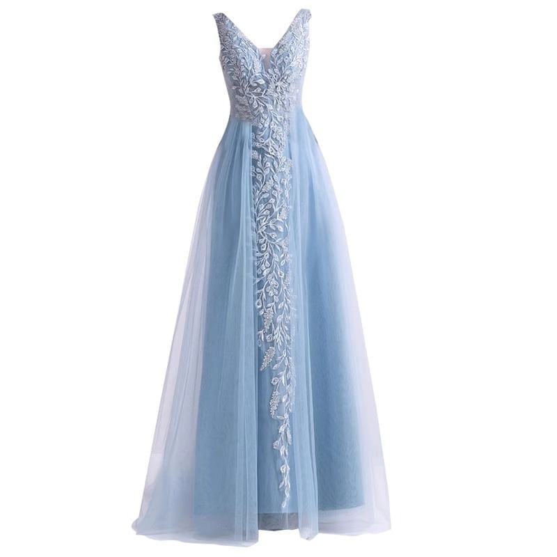 Sleeveless V-Neck Embroidered Trained A-Line Evening Dress