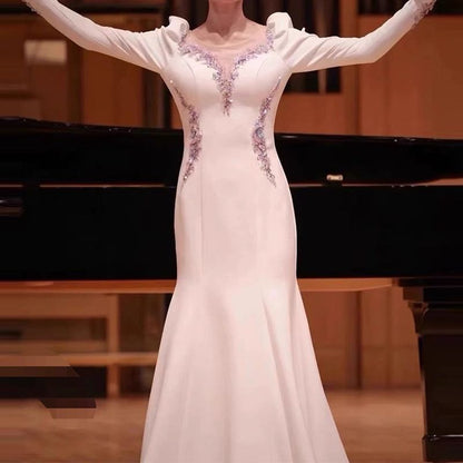 Long-Sleeve V-Neck Floral Embroidered Mermaid Evening Gown