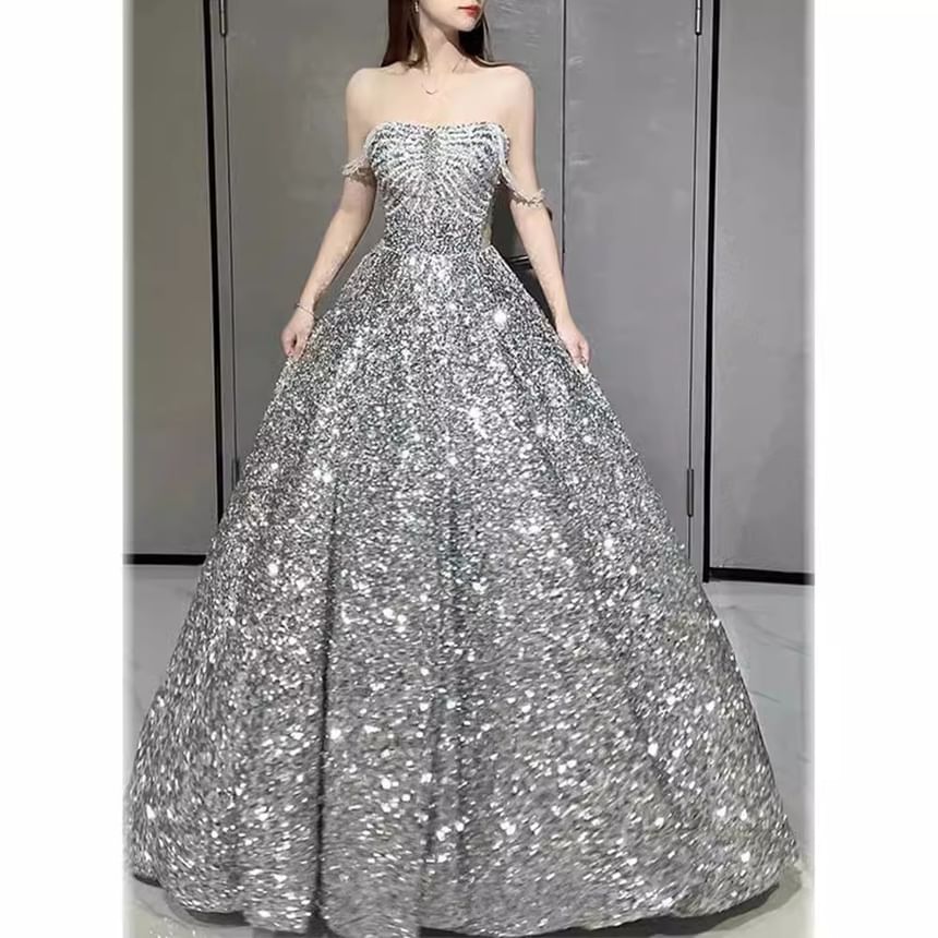 Off-Shoulder Sequin A-Line Evening Gown