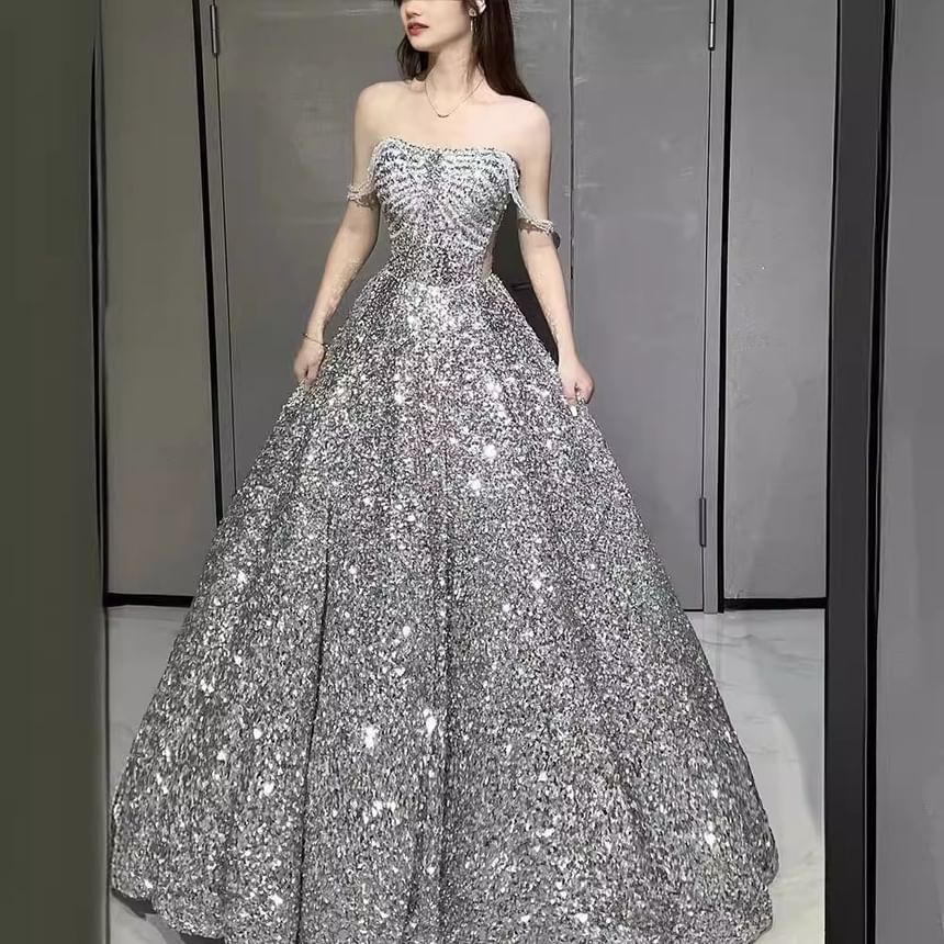 Off-Shoulder Sequin A-Line Evening Gown