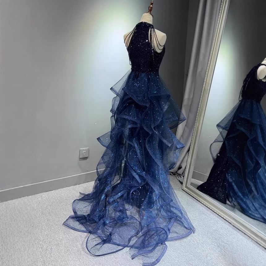 Sequin Panel Gown Evening Mermaid Trained Halter Mesh Neck