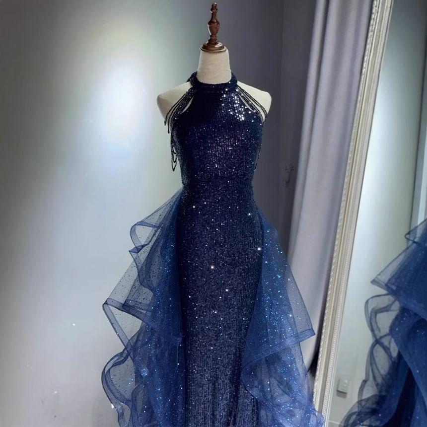Sequin Panel Gown Evening Mermaid Trained Halter Mesh Neck