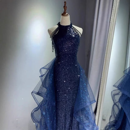 Sequin Panel Gown Evening Mermaid Trained Halter Mesh Neck