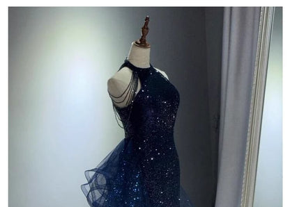 Sequin Panel Gown Evening Mermaid Trained Halter Mesh Neck