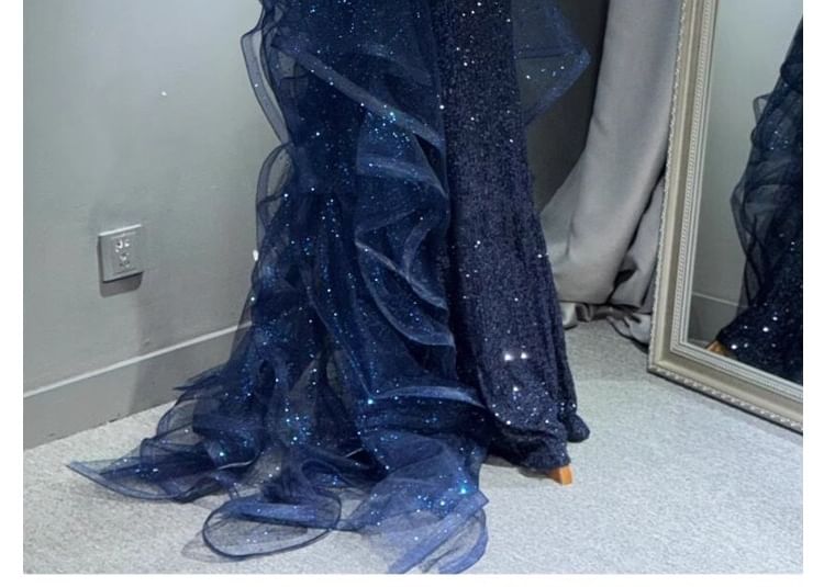 Sequin Panel Gown Evening Mermaid Trained Halter Mesh Neck