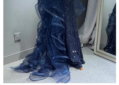 Sequin Panel Gown Evening Mermaid Trained Halter Mesh Neck