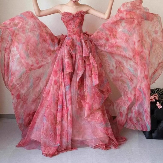 Strapless Floral Print Layered Ball Gown
