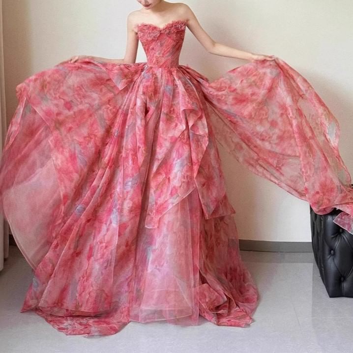 Strapless Floral Print Layered Ball Gown