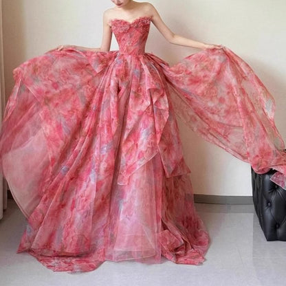 Strapless Floral Print Layered Ball Gown
