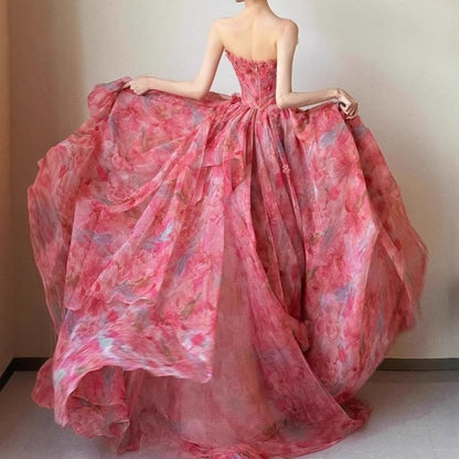 Strapless Floral Print Layered Ball Gown
