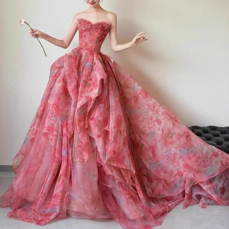 Strapless Floral Print Layered Ball Gown