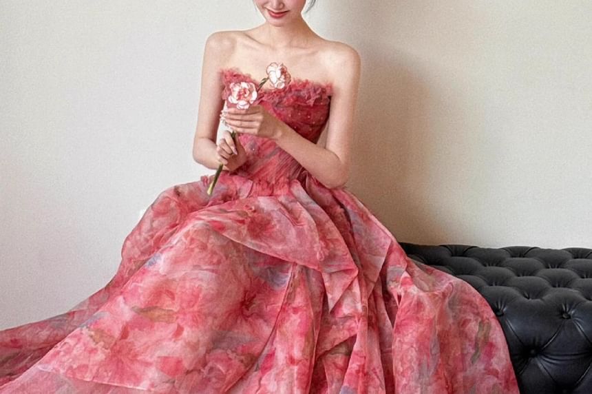 Strapless Floral Print Layered Ball Gown