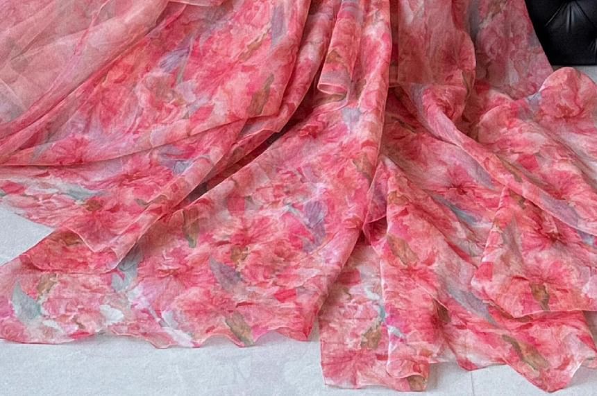 Strapless Floral Print Layered Ball Gown