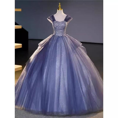 Short-Sleeve Sequin Ball Gown Off-Shoulder