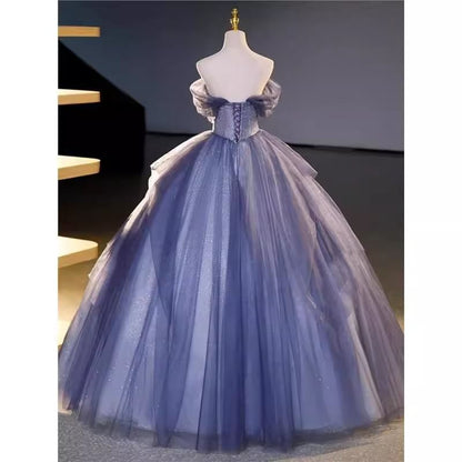 Short-Sleeve Sequin Ball Gown Off-Shoulder