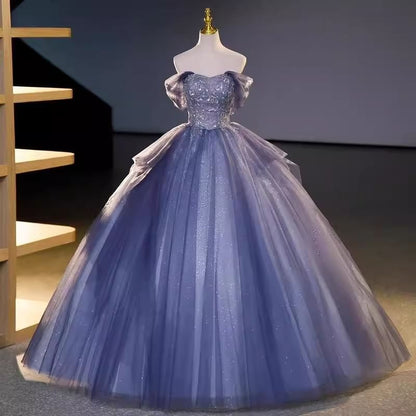 Short-Sleeve Off-Shoulder Sequin Ball Gown