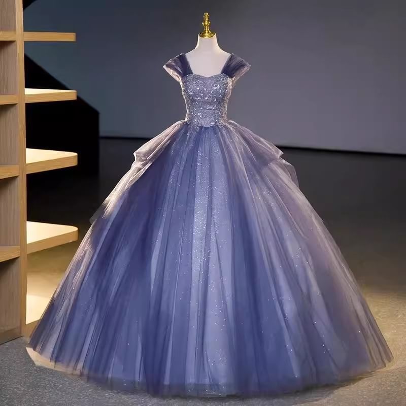 Short-Sleeve Sequin Ball Gown Off-Shoulder