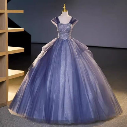 Short-Sleeve Sequin Ball Gown Off-Shoulder